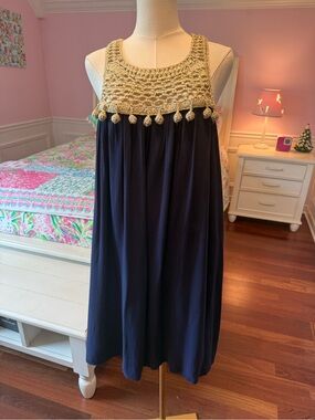 Girls Navy Dress with Gold Crochet Yoke